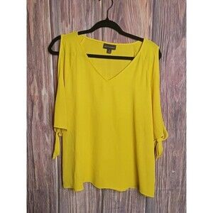 Bold Elements Vibrant Yellow Cold Shoulder Tie Sleeve V-Neck Blouse Size Medium